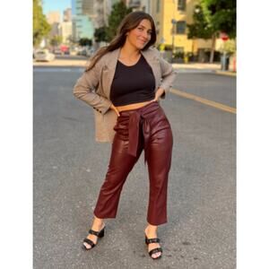 [Lucy Paris] Burgundy Faux Leather Belted High Rise Kick Flare Pants Sz Medium M